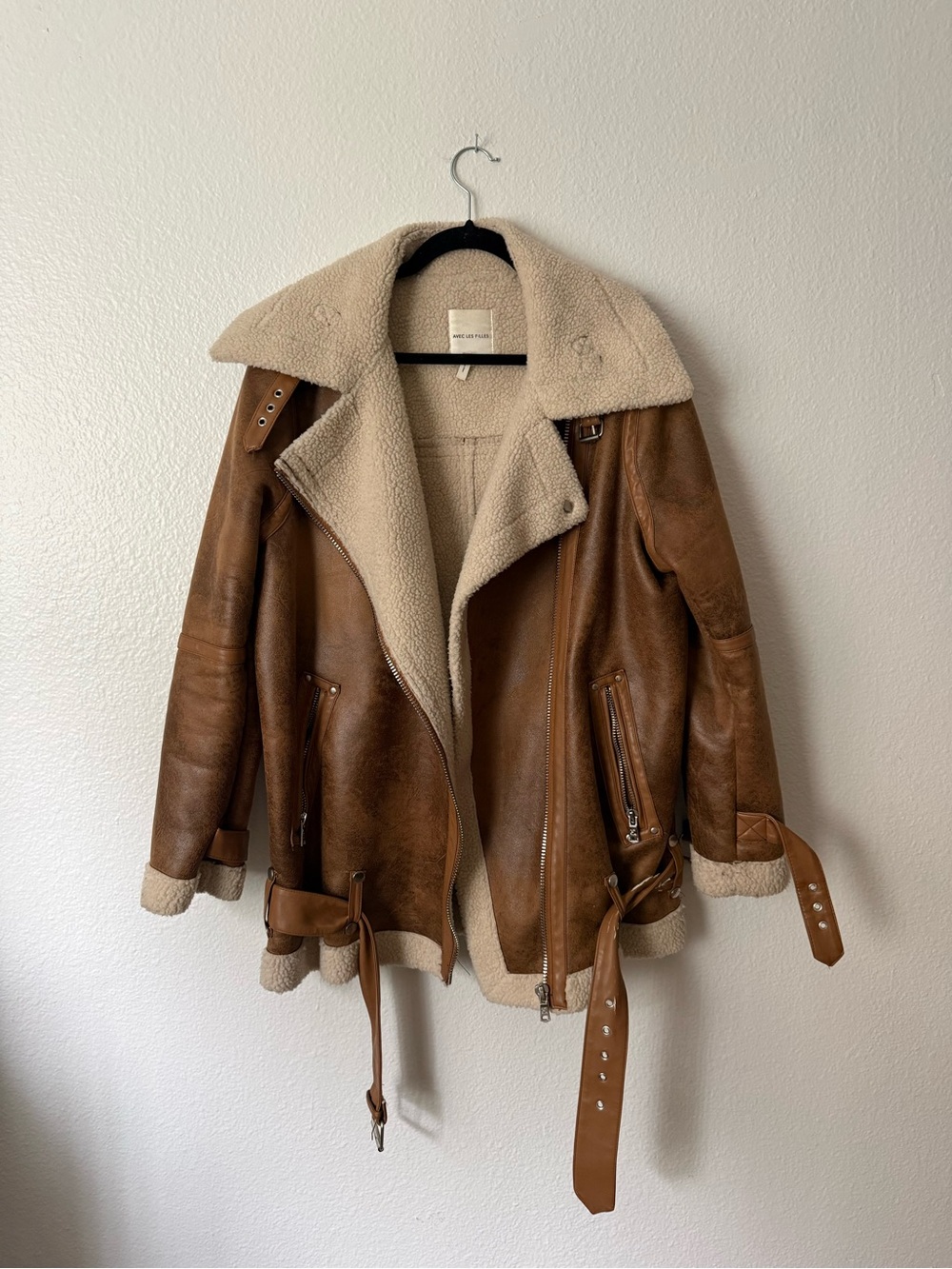 Avec Les Filles Brown Leather Shearling Jacket with Cream Lining - Size XL